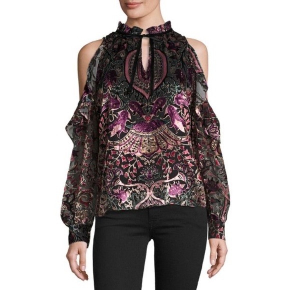 Parker Marjorie Velvet Paisley Burnout Cold Shoulder Key Hole Blouse EUC Size XS